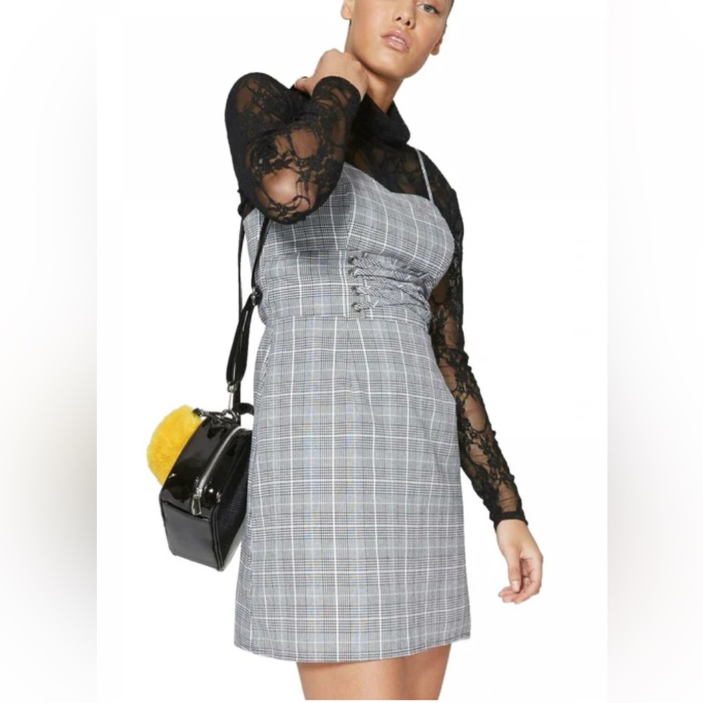 Wild Fable Gray Plaid Mini Dress with Decorative Lace-up Detail